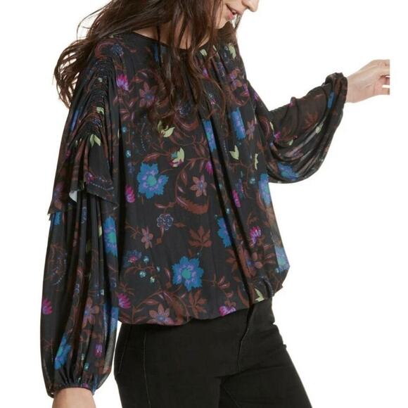 FREE PEOPLE BLOUSON WILDFLOWER HONEY SZ XS RUCHING RUFFLING SLEEVES AESTHETIC - Picture 2 of 16